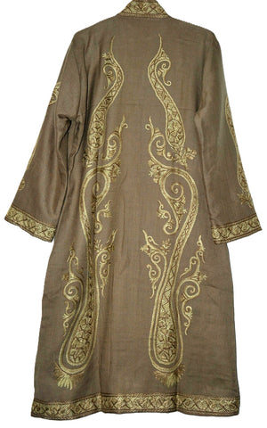 Kashmiri Woolen Coat Beige, Tone-Tone Embroidery #AO-156