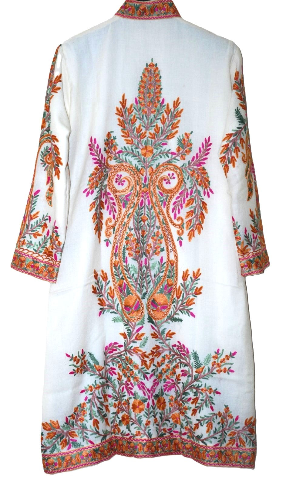 Kashmiri Woolen Coat Off-White, Multicolor Embroidery #AO-180