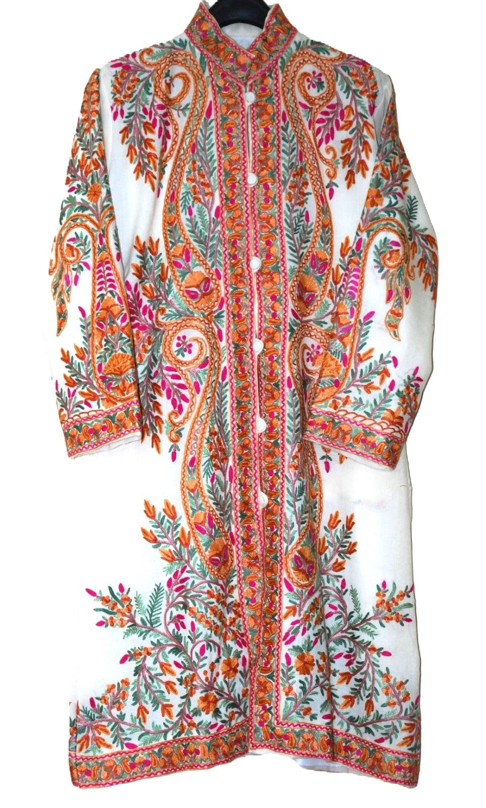 Kashmiri Woolen Coat Off-White, Multicolor Embroidery #AO-180