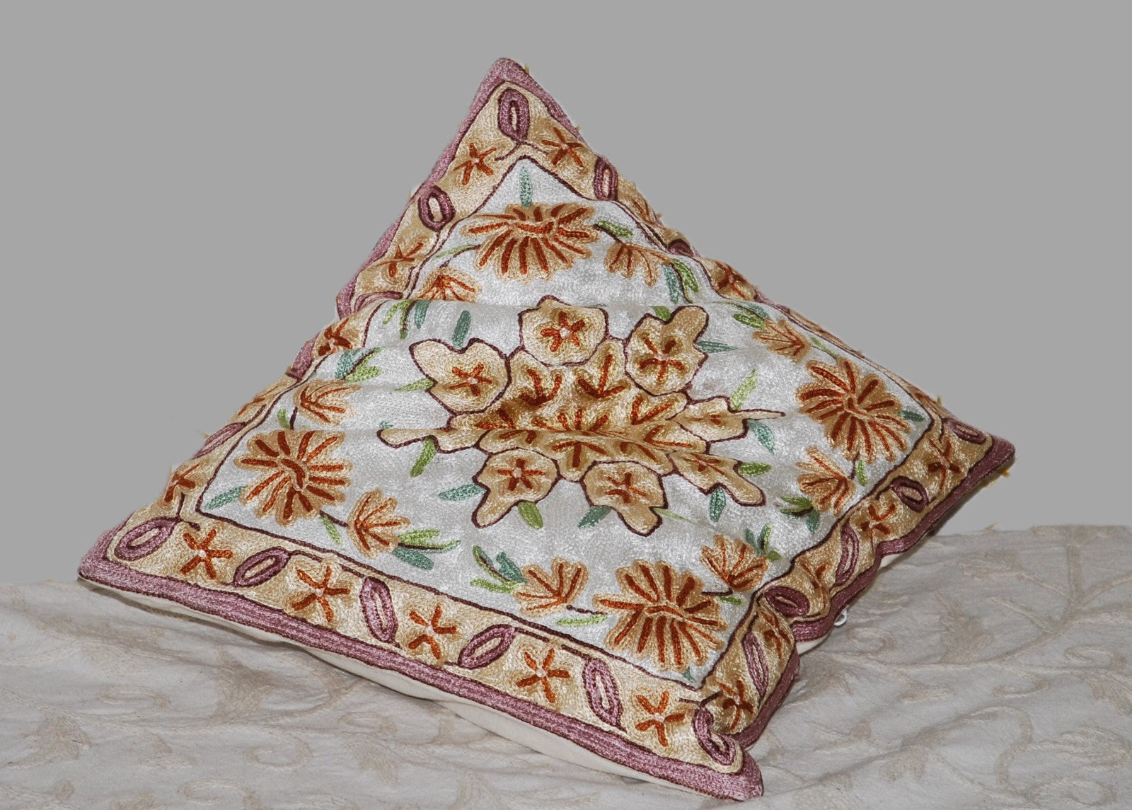 Crewel Embroidered Silk Cushion Pillow Cover, Multicolor #CW2019