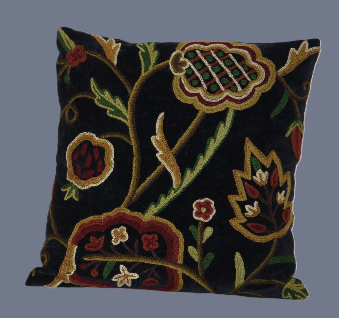 Velvet Crewel Pillow Cushion Cover "Watlab" Black, Multicolor #CW501