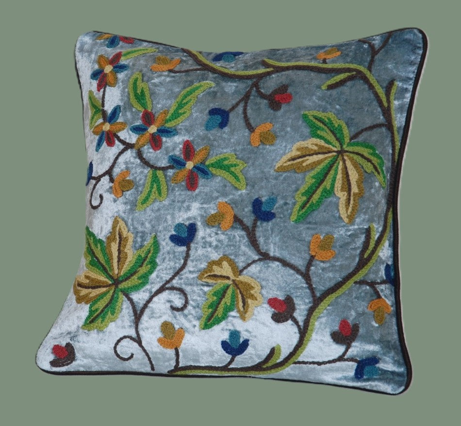 Velvet Crewel Pillow Cushion Cover "Maple" Teal, Multicolor #CW512