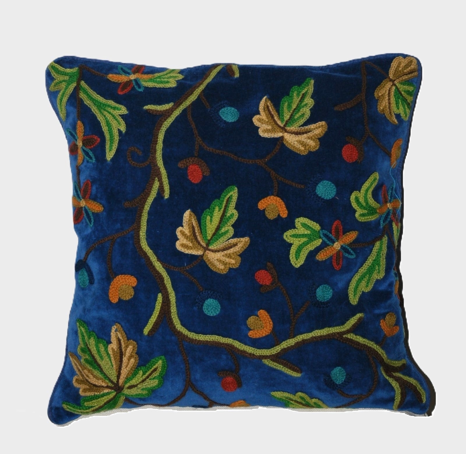 Velvet Crewel Pillow Cushion Cover "Maple" Blue, Multicolor #CW522