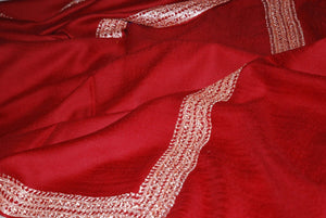 Kashmir Wool Shawl Dark Red, Silver "Tilla" Sozni Embroidery #WS-924