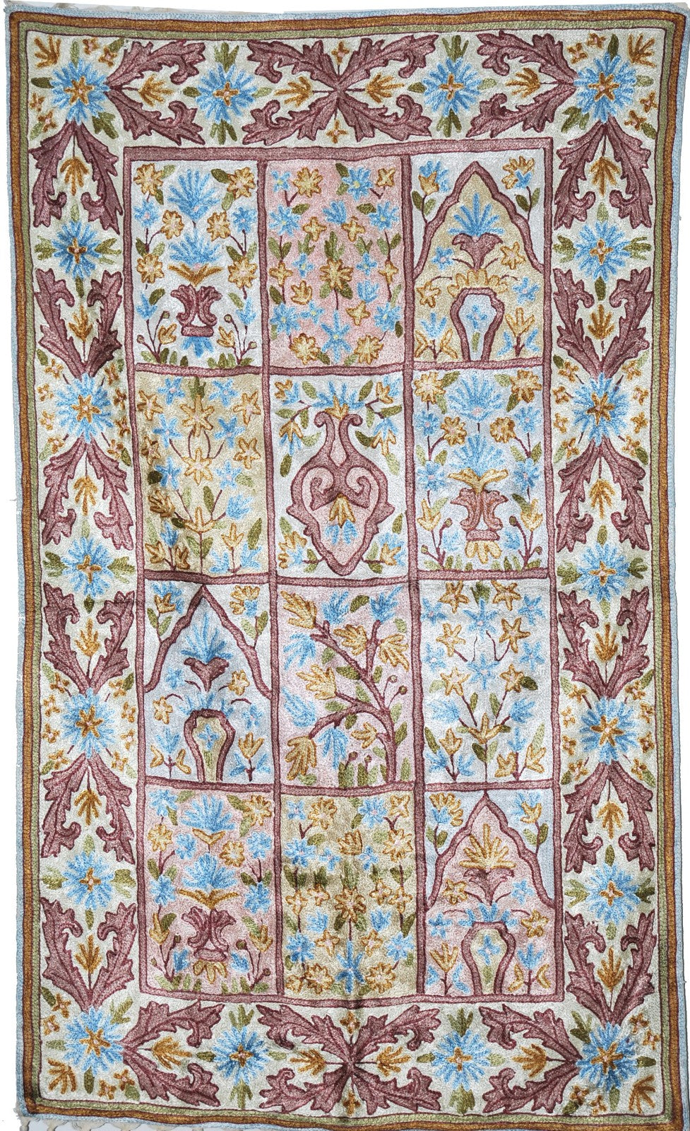 ChainStitch Tapestry Silk Area Rug, Pink and Blue Embroidery 2.5x4