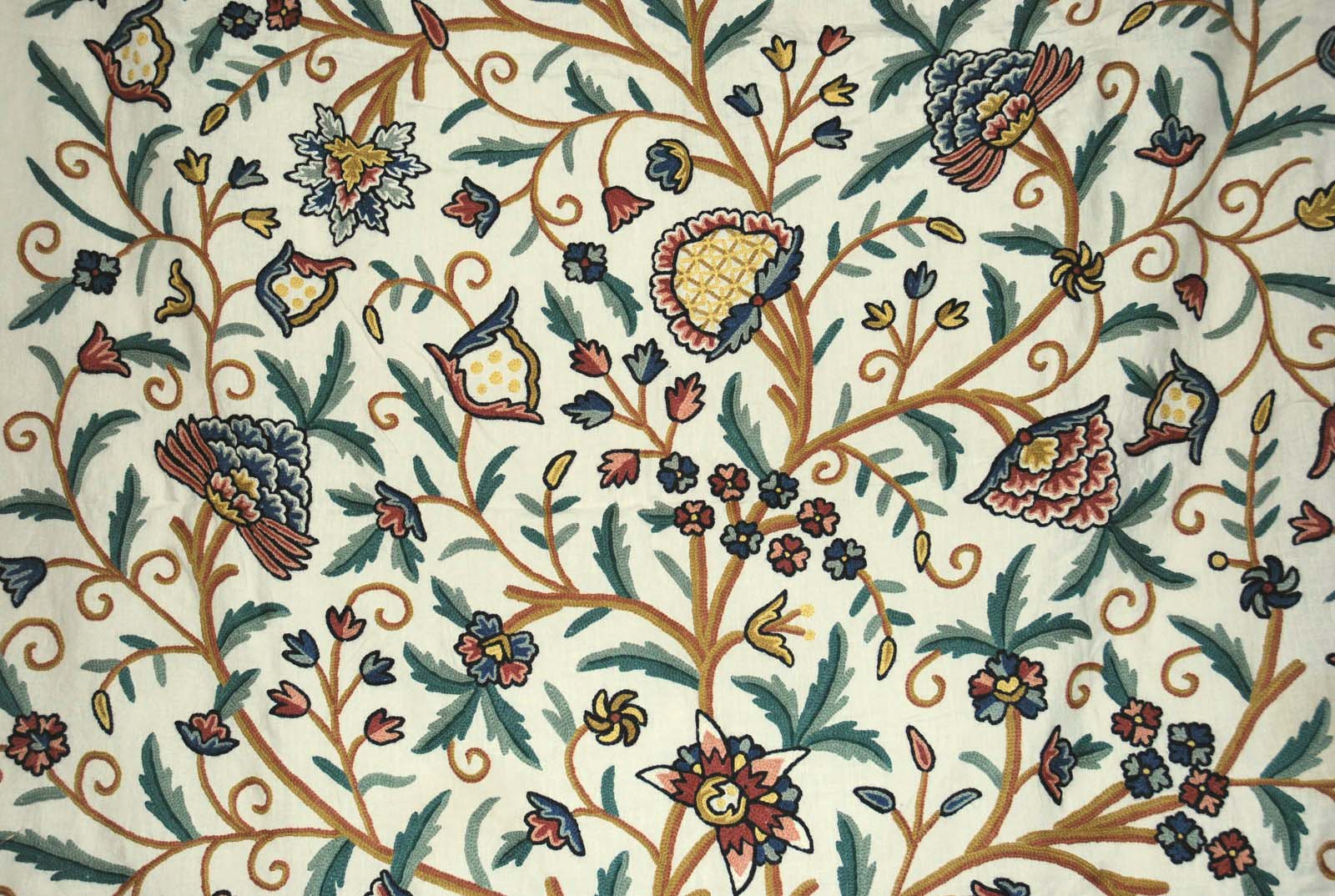 Cotton Crewel Embroidered Fabric Tree of Life Cream, Multicolor